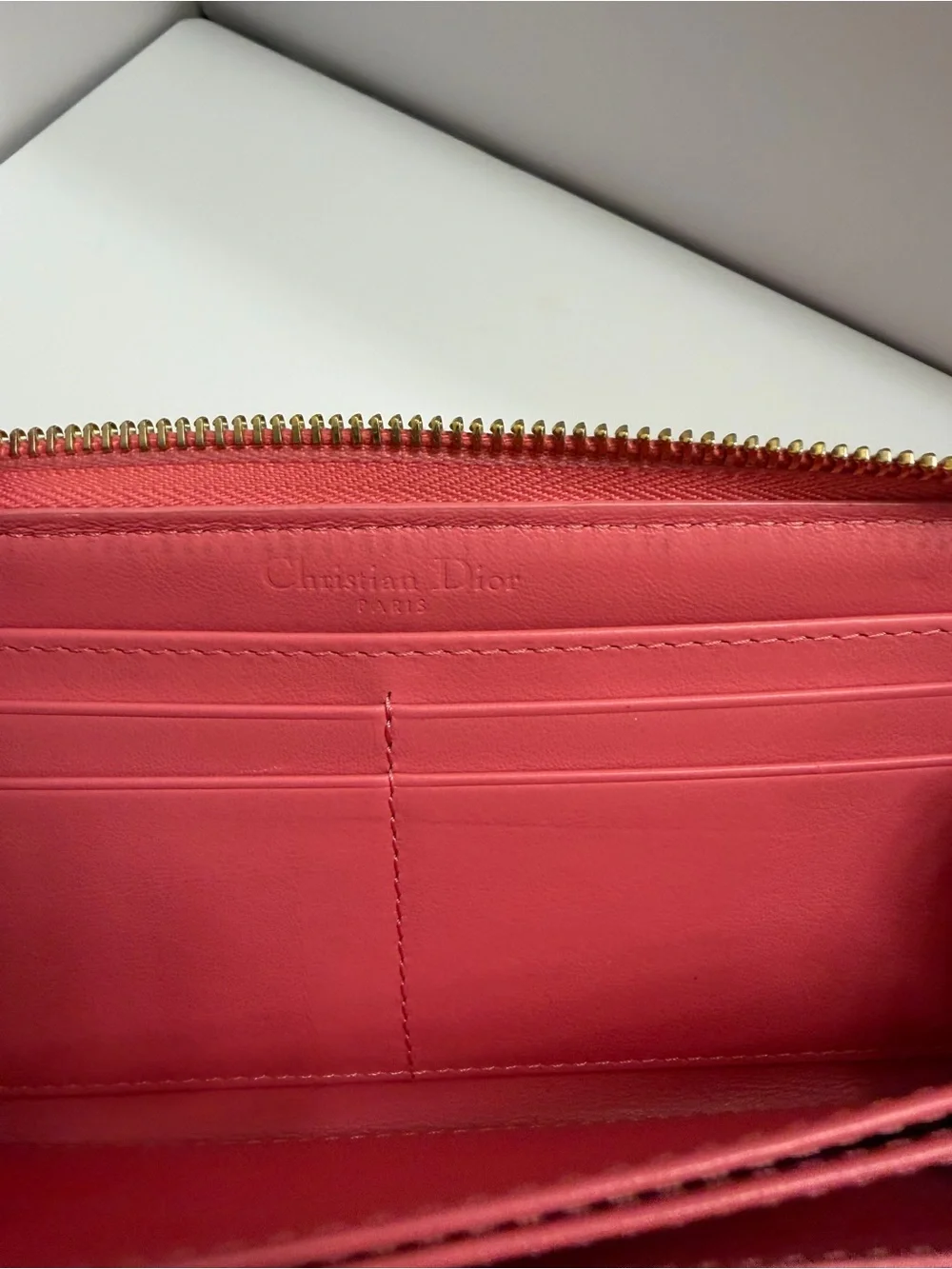Christian Dior Lady Dior Zip Around Wallet in pink patent leather